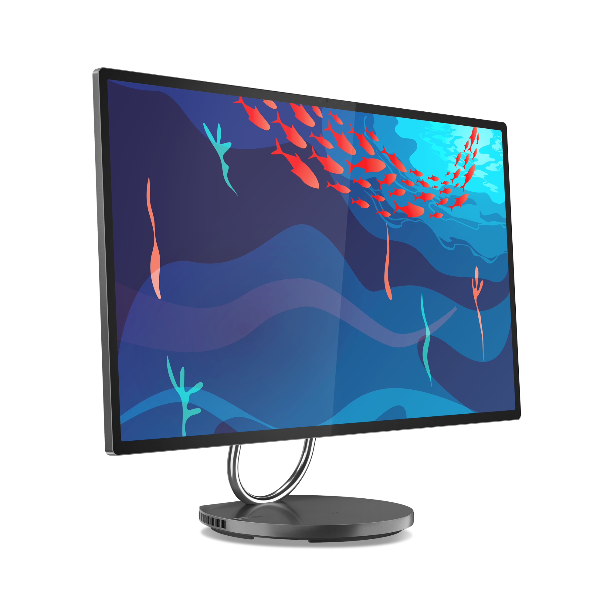 Lenovo Yoga AIO 9 32IRH8 AIO | 32in 3840x2160 monitor, displaying a colorful underwater fish illustration on a blue background, with a silver circular stand.  Lenovo Yoga AIO 9 32IRH8 AIO | 32in 3840x2160 monitor, displaying a colorful underwater fish illustration on a blue background, with a silver circular stand.